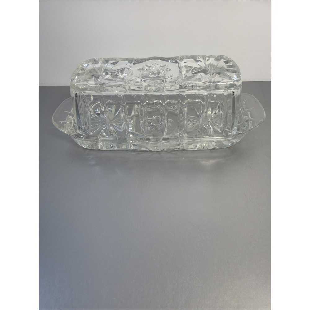 Vintage Anchor Hocking Star Of David American Prescut Glass Covered Butter Dish